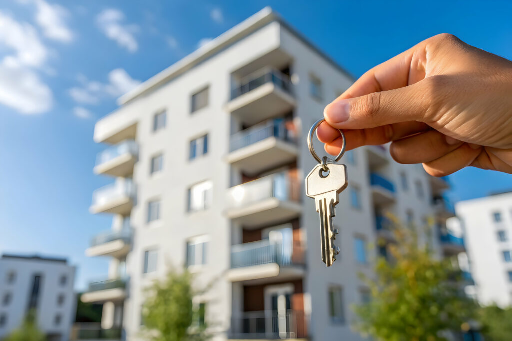 Personne tenant une clé devant un immeuble